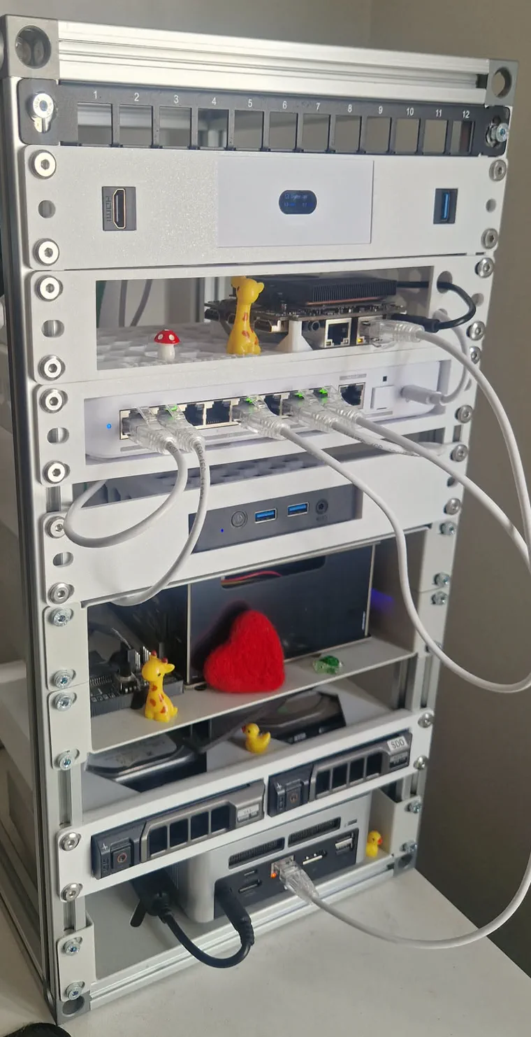 The 10U mini rack: patch panel and router at the top, then a Talos node, the switch,
               Home Assistant, the NAS with its two hot-swap drives, and the other Talos node at the bottom.